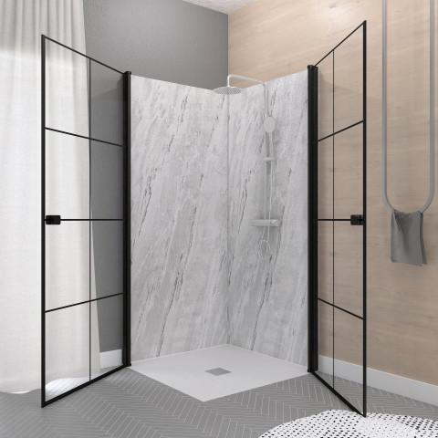 Portes de douche en angle 80x80x190 cm - motifs carrés - Couleur profilés au choix