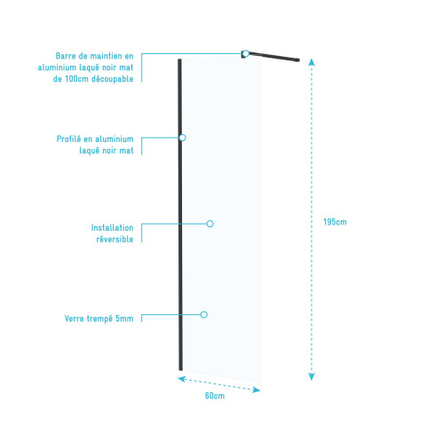 Paroi de douche en verre trempé 5 mm - finition noire - Dimensions au choix