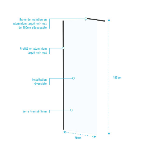 Paroi de douche en verre trempé 5 mm - finition noire - Dimensions au choix