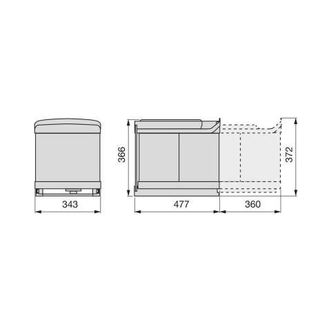 Poubelle de recyclage pour fixation inférieure et extraction automatique dans caisson de cuisine 1x16litres 2x7,5litres, Plastique gris