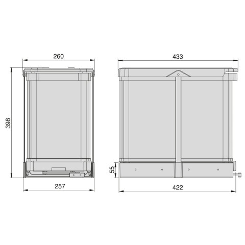 Bac à recyclage pour montage inférieur et extraction manuelle/automatique dans les éléments de cuisine, Inox 2x12 litres plastique et acier inoxydable