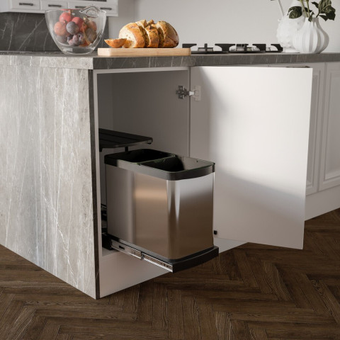 Bac à recyclage pour montage inférieur et extraction manuelle/automatique dans les éléments de cuisine, Inox 2x12 litres plastique et acier inoxydable
