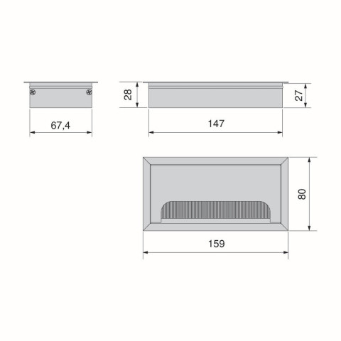 Passe-câbles de table Quadrum, rectangulaire, 269x80mm, à encastrer, Aluminium, Peint en noir