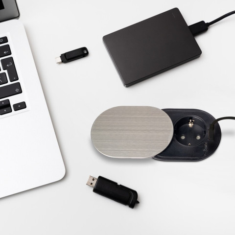 Multiconnecteur Vertikal Flat 60, diamètre 60mm, 1 x prise Schuko, 1 x USB Type A, 1 x USB Type C, Acier et Plastique, Acier inoxydable