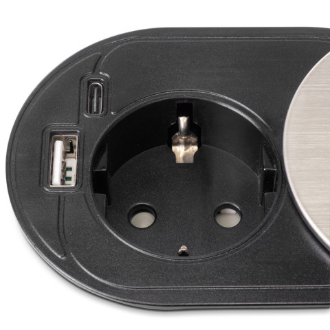 Multiconnecteur Vertikal Flat 60, diamètre 60mm, 1 x prise Schuko, 1 x USB Type A, 1 x USB Type C, Acier et Plastique, Acier inoxydable