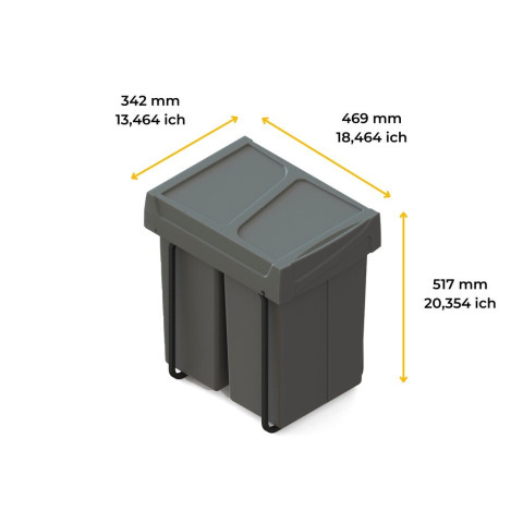 Bac de tri sélectif a montage inférieur et extraction manuelle pour élément de cuisine Recycle, 2x25litres, Plastique gris antracite