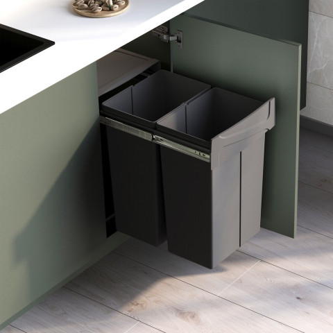 Bac de tri sélectif a montage inférieur et extraction manuelle pour élément de cuisine Recycle, 2x25litres, Plastique gris antracite