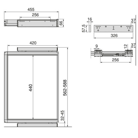 Rack avec glissières à extension totale et à fermeture douce pour accessoires d'armoire Quartz, 562-588mm, Aluminium et plastique, Titane