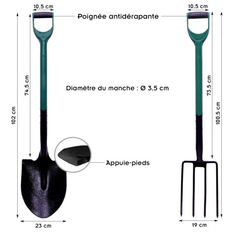 Garden lot d'outils de jardinage   -   pelle ronde + fourche à bêcher + bêche + râteau + râteau à feuilles + griffe 3 dents