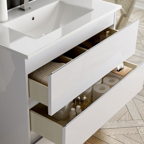 Meuble de salle de bain simple vasque - 3 tiroirs - palma et miroir rond led solen - blanc - 60cm