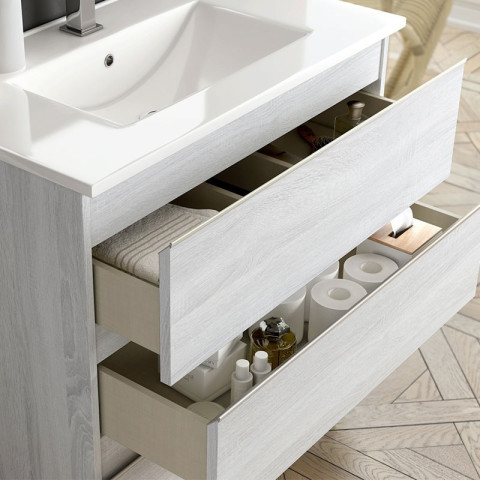 Meuble de salle de bain simple vasque - 2 tiroirs - balea et miroir led veldi - hibernian (bois blanchi) - 100cm