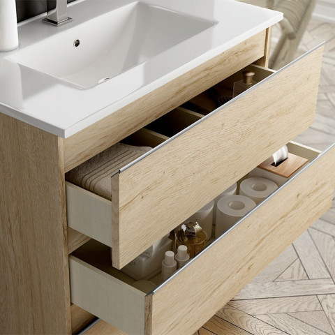 Meuble de salle de bain 100cm simple vasque - 3 tiroirs - sans miroir - palma - bambou (chêne clair)