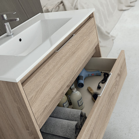 Meuble de salle de bain simple vasque - 3 tiroirs - tiris 3c et miroir led veldi - ciment (gris) - 100cm