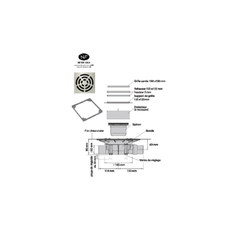 Isotanche classic pro nf  diam 50 - grille target carree  - dimensions et sorties aux choix