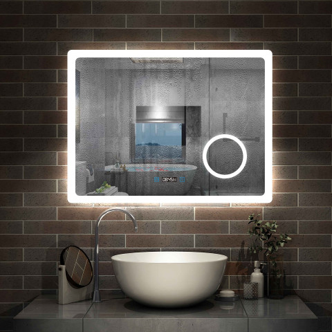 Aica miroir de salle de bain 100x60cm avec leds 3 couleurs et luminosité réglable+anti-buée+miroir grossissant+horloge numérique
