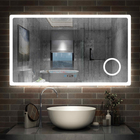 Aica miroir de salle de bain 120x70cm avec leds 3 couleurs et luminosité réglable+anti-buée+miroir grossissant+horloge numérique