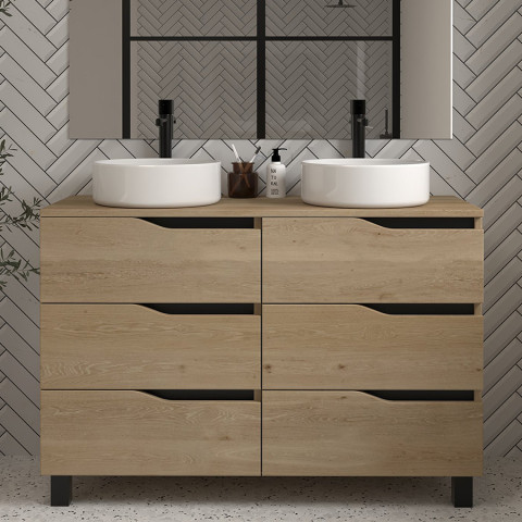 Meuble de salle de bain 120 avec plateau et 2 vasques à poser - 6 tiroirs - madera miel (bois clair) - mata