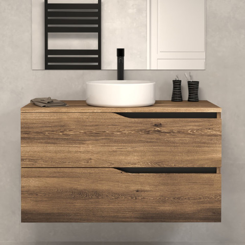 Meuble de salle de bain 100 avec plateau et vasque à poser - 2 tiroirs - tabaco (bois foncé) - luna