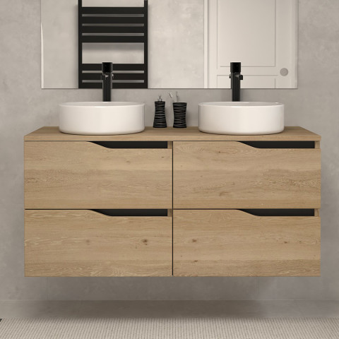 Meuble de salle de bain 120 avec plateau et 2 vasques à poser - 4 tiroirs - madera miel (bois clair) - luna