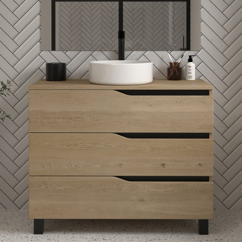 Meuble de salle de bain 100 avec plateau et vasque à poser - 3 tiroirs - madera miel (bois clair) - mata