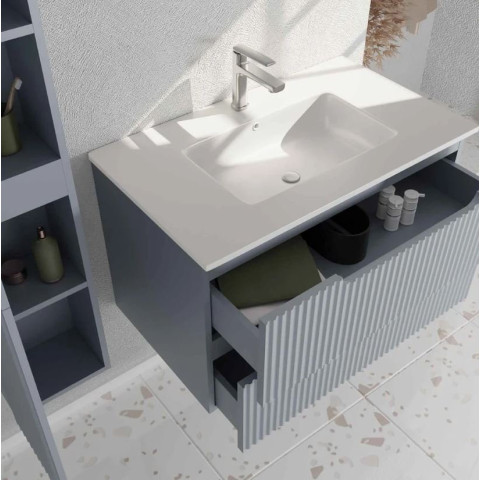 Meuble et colonne de salle de bains 80cm gris souris - Façades ondulées - Vasque blanche mate - LEON Aurlane - PACM794