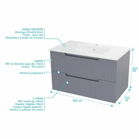 Meuble et colonne de salle de bains LEON 80cm - Façade ondulée - Vasque blanche mate - LEON Aurlane - Couleur au choix