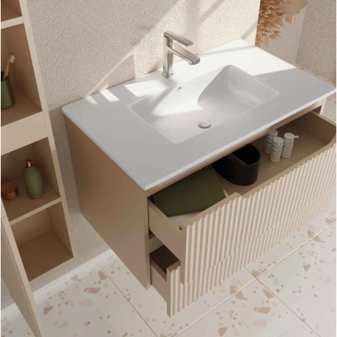 Meuble et colonne de salle de bains LEON 80cm - Façade ondulée - Vasque blanche mate - LEON Aurlane - Couleur au choix