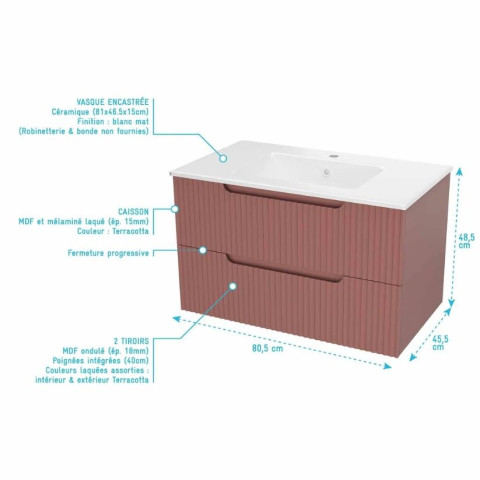 Meuble et colonne de salle de bains LEON 80cm - Façade ondulée - Vasque blanche mate - LEON Aurlane - Couleur au choix