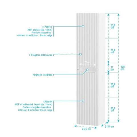 Meuble et colonne de salle de bains LEON 80cm - Façade ondulée - Vasque blanche mate - LEON Aurlane - Couleur au choix
