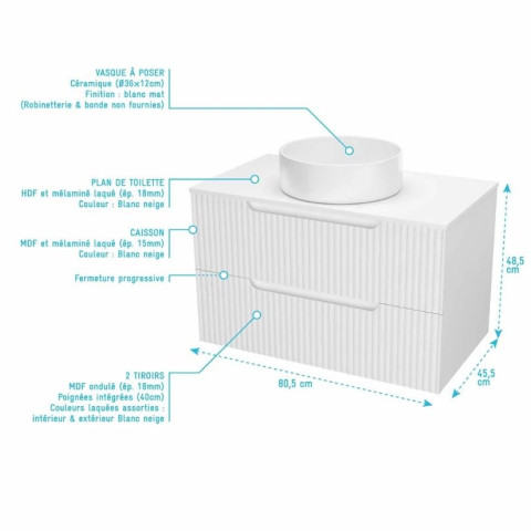Meuble et colonne de salle de bains LEON 80cm - Façade ondulée - Vasque Ronde 36cm - LEON Aurlane - Couleur au choix