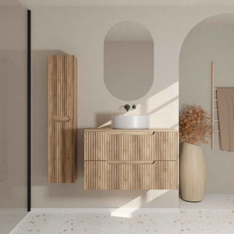 Meuble et colonne de salle de bains LEON 80cm - Façade ondulée - Vasque Ronde 36cm - LEON Aurlane - Couleur au choix