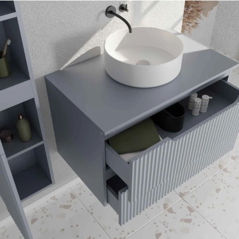 Meuble et colonne de salle de bains LEON 80cm - Façade ondulée - Vasque Ronde 36cm - LEON Aurlane - Couleur au choix