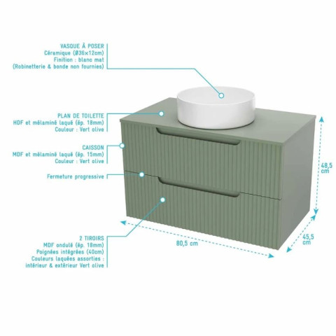 Meuble et colonne de salle de bains LEON 80cm - Façade ondulée - Vasque Ronde 36cm - LEON Aurlane - Couleur au choix