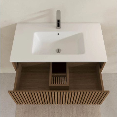 Meuble salle de bains 80cm 2 Tiroirs décor chêne et noir cranté - Vasque blanche mate - YUKI Aurlane - PACM899