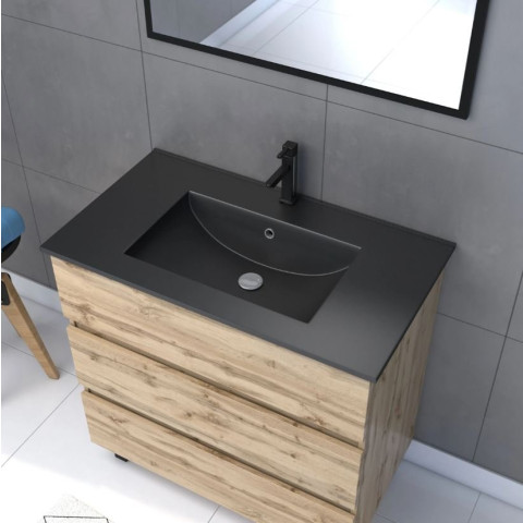 Meuble salle de bains 80cm décor chêne naturel 3 tiroirs - Vasque noire et Miroir - TIMBER Aurlane - PACM227