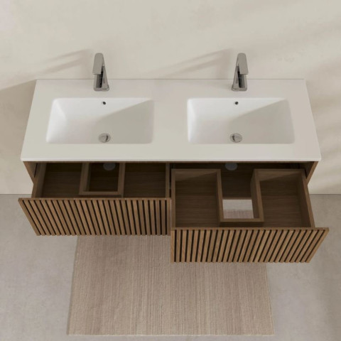 Meuble salle de bains YUKI 120 - 2 Tiroirs décor chêne et noir - Vasque Blanche - Miroirs LED 50 - YUKI Aurlane - PACM881