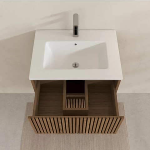 Meuble salle de bains YUKI 60 - 2 Tiroirs décor chêne et noir - Vasque Blanche - Miroir LED 60 - YUKI Aurlane - PACM879