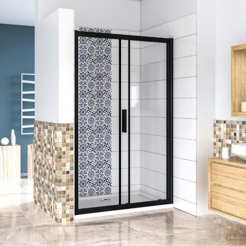 Porte de douche coulissante avec amortisseur noir mat en verre anticalcaire 8 mm - Dimensions au choix