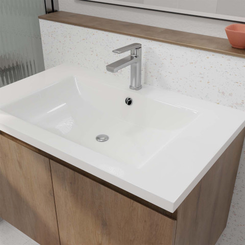 Meuble de salle de bains 75cm à suspendre décor bois clair - 2 portes - vasque blanche - elementary Aurlane - LAV955