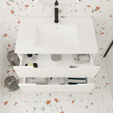 Meuble de salle de bains leon 80cm blanc neige - 2 tiroirs en mdf ondulés - vasque à encastrer Aurlane - PACM729