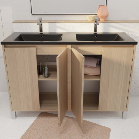 Meuble de salle de bains 120 cm 4 portes chêne clair + vasque double céramique noire - xenos Aurlane - PACM719
