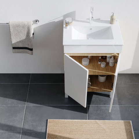 Meuble de salle de bains 60cm 2 portes bois et blanc + vasque céramique blanche - key Aurlane - PACM862