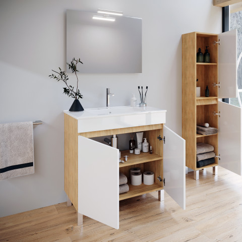 Meuble de salle de bains 80cm 2 portes bois et blanc + vasque céramique blanche - key Aurlane - PACM863