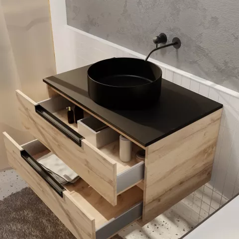Meuble salle de bains 80cm décor bois et noir, 2 tiroirs, vasque noire ø36cm et miroir led 80x60cm Aurlane - PACM777