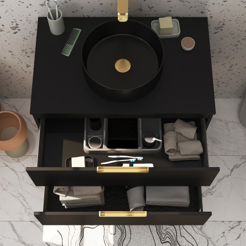 Meuble salle de bains 80 cm laqué noir mat et or doré - 2 tiroirs - vasque ronde à poser noire