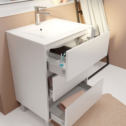 Pack meuble salle de bains 60 cm laqué blanc, 3 tiroirs avec vasque céramique - xenos