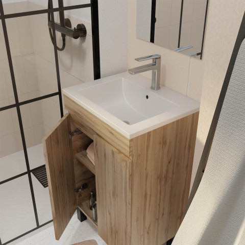 Meuble de salle de bains 50 cm décor chêne naturel à portes - vasque céramique et miroir Aurlane - PACM778
