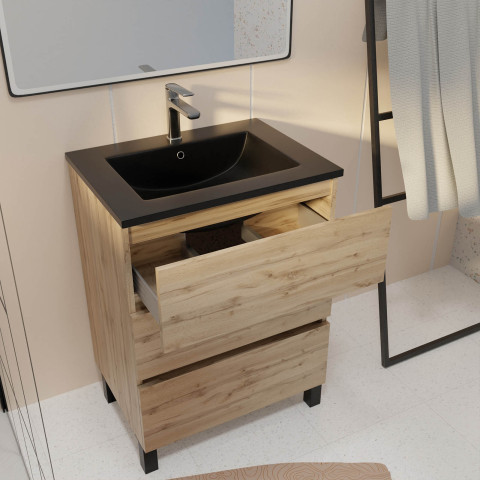 Meuble de salle de bains 60 cm 3 tiroirs chêne naturel + vasque céramique noire - timber