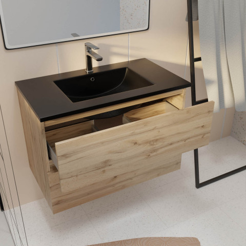 Meuble de salle de bains 80 cm 2 tiroirs chêne naturel + vasque céramique noire - timber
