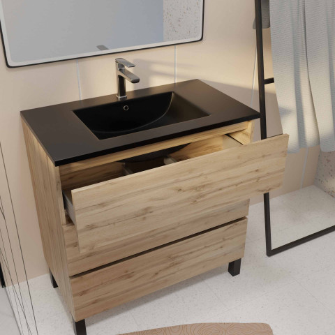 Meuble de salle de bains 80 cm 3 tiroirs chêne naturel + vasque céramique noire - timber
